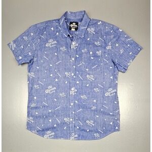 Corona Button Up Shirt Mens XL. Blue All Over‎ Print Logo Short Sleeve Cotton.